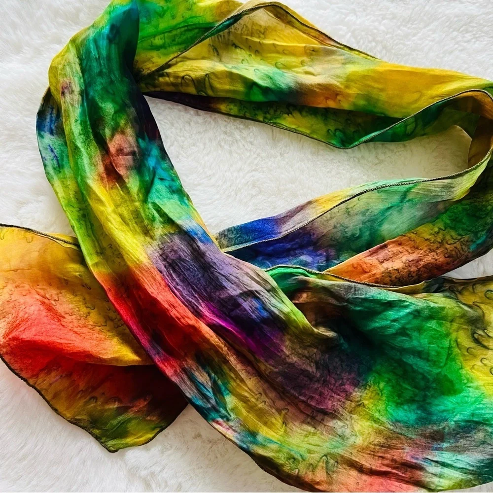 Multicolor Silk Scarf. Colourful silk scarf women Tropical Hand dyed silk scarf.